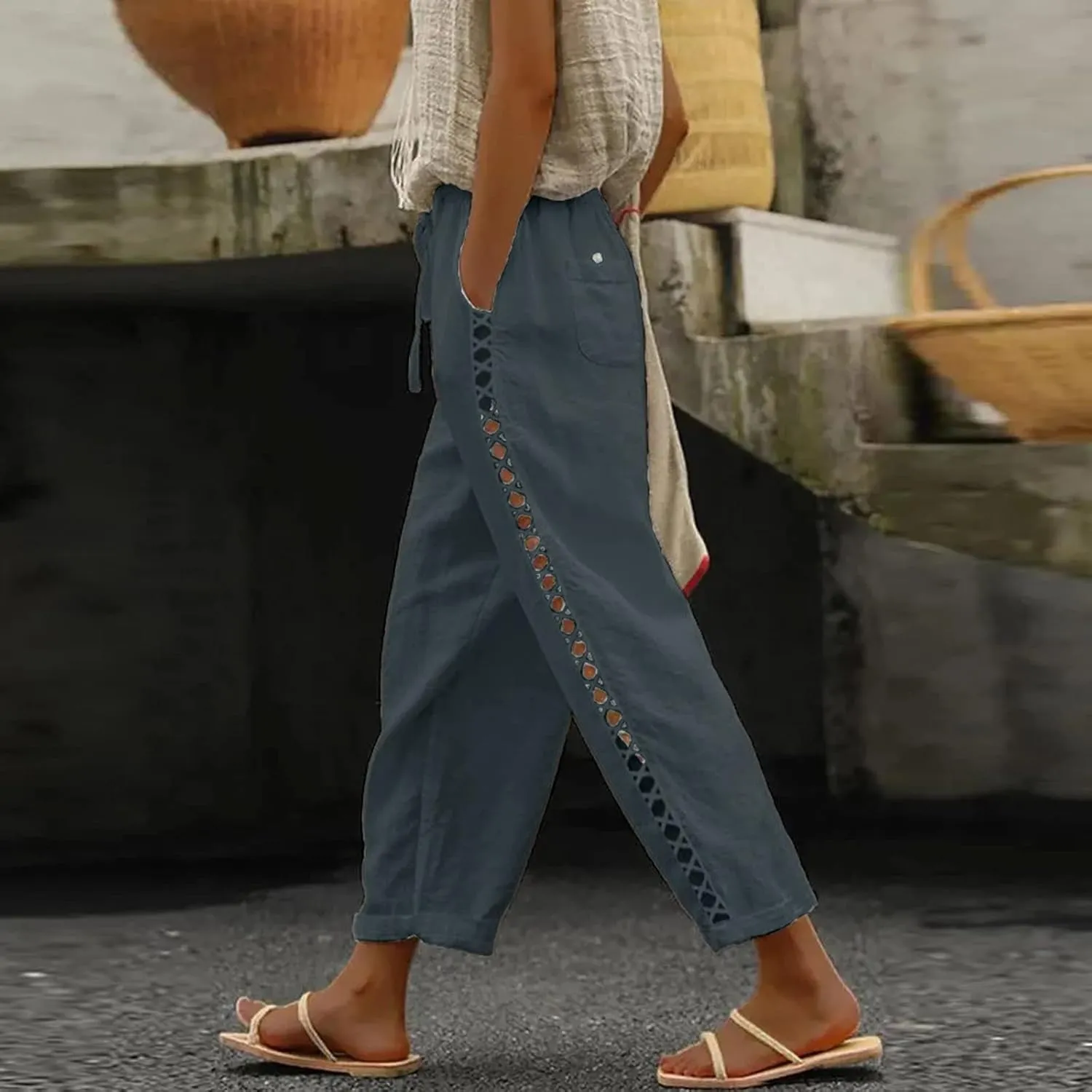 Womens Linen Blend Summer Split Flowy Pants Elastic Waist Long Lounge Slim Fit Pant Trousers Work Business