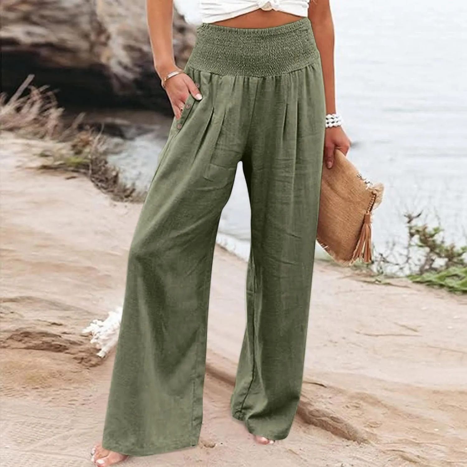 Womens Linen Blend Summer Y2K Streetwear Palazzo Lounge Pants Elastic Waisted Long Lounge Slim-Fit Pant