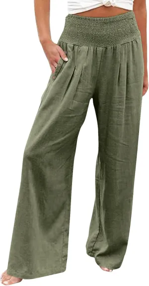 Womens Linen Blend Summer Y2K Streetwear Palazzo Lounge Pants Elastic Waisted Long Lounge Slim-Fit Pant