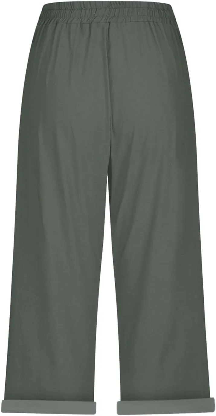 Women's Linen Capri Summer Solid Color Causal Bermuda Elastic Waist Petite Pants Workout Lounge Beach Leisure Shorts