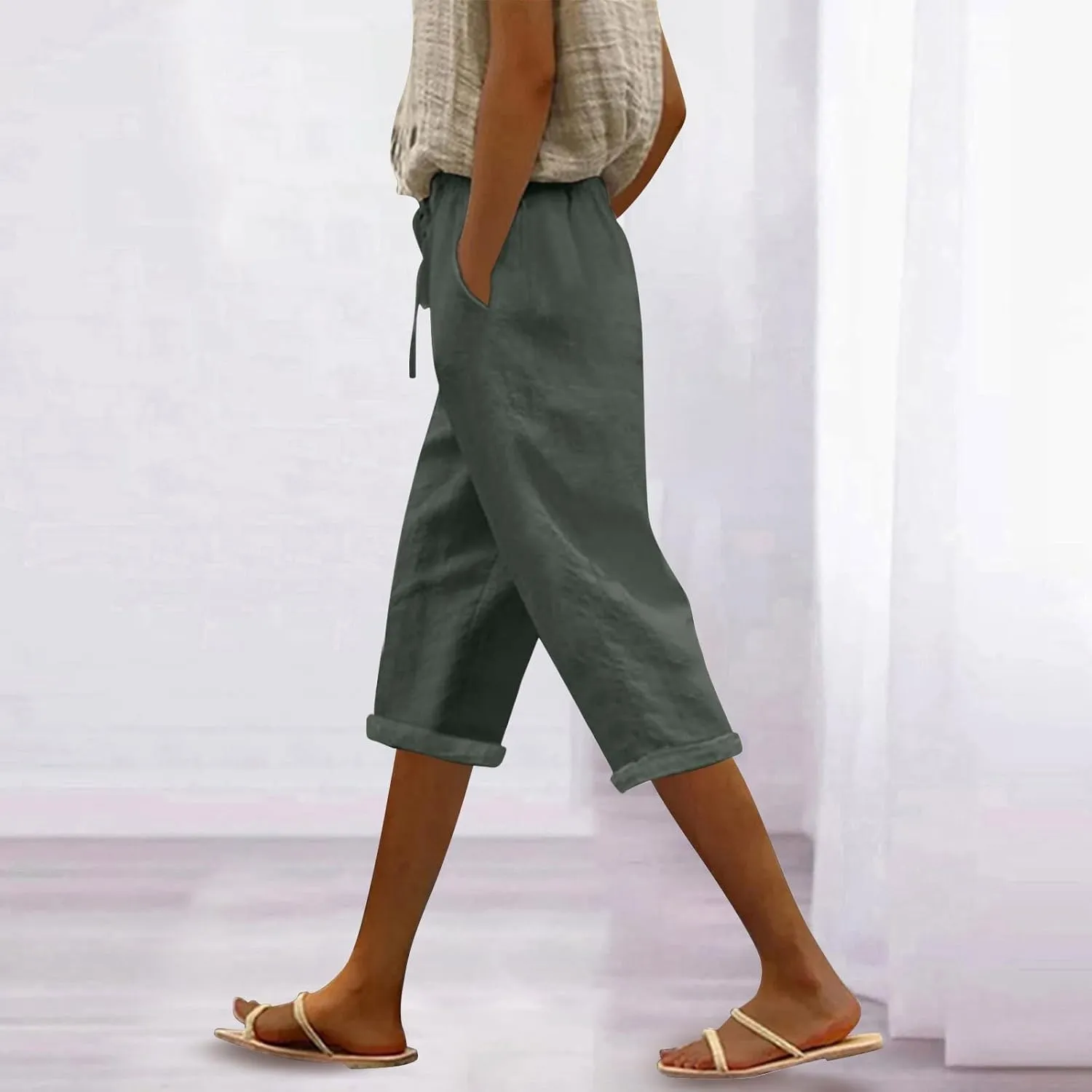 Women's Linen Capri Summer Solid Color Causal Bermuda Elastic Waist Petite Pants Workout Lounge Beach Leisure Shorts