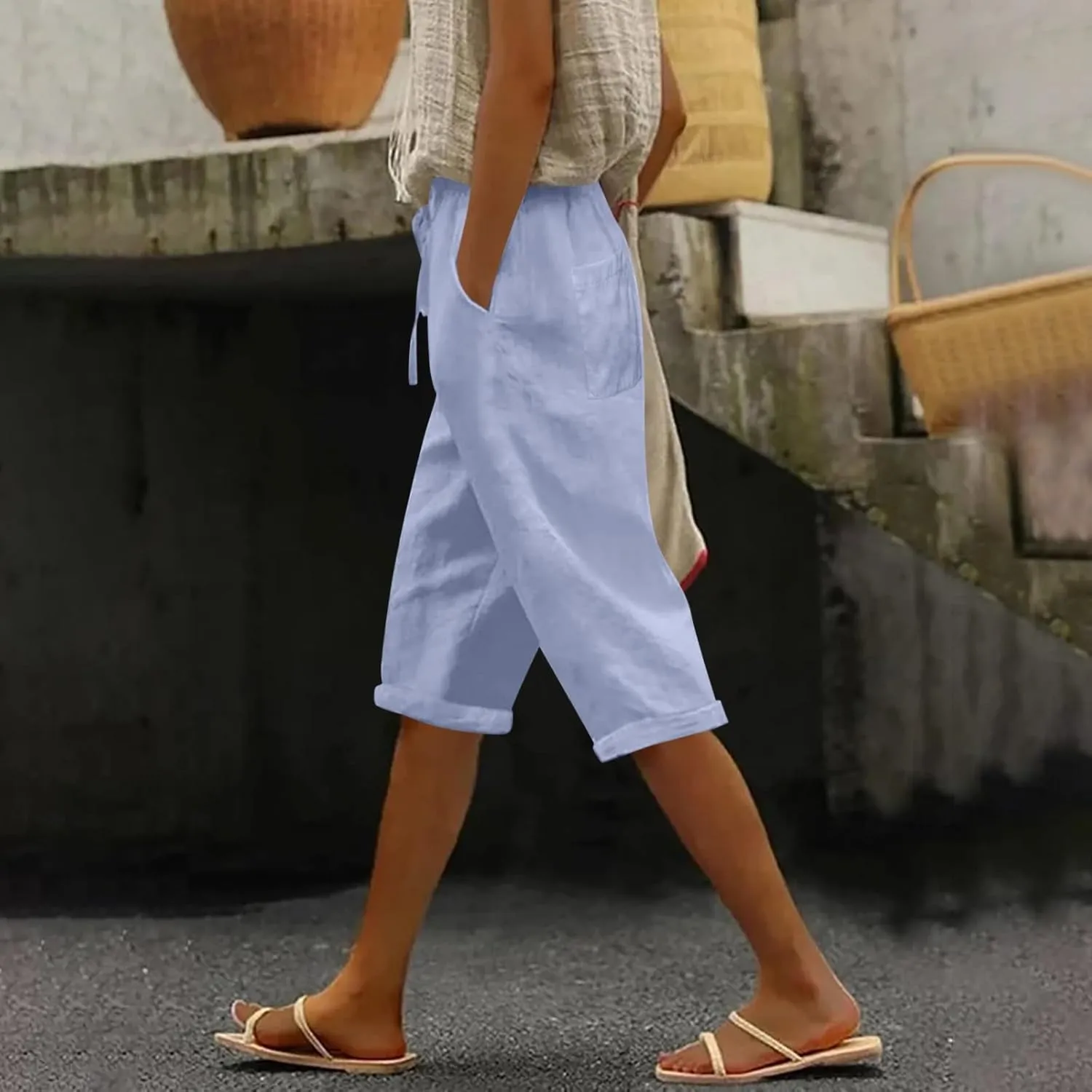 Women's Linen Capri Summer Striped Printed Causal Bermuda Elastic Waist Pants Plus Size Workout Lounge Beach Shorts