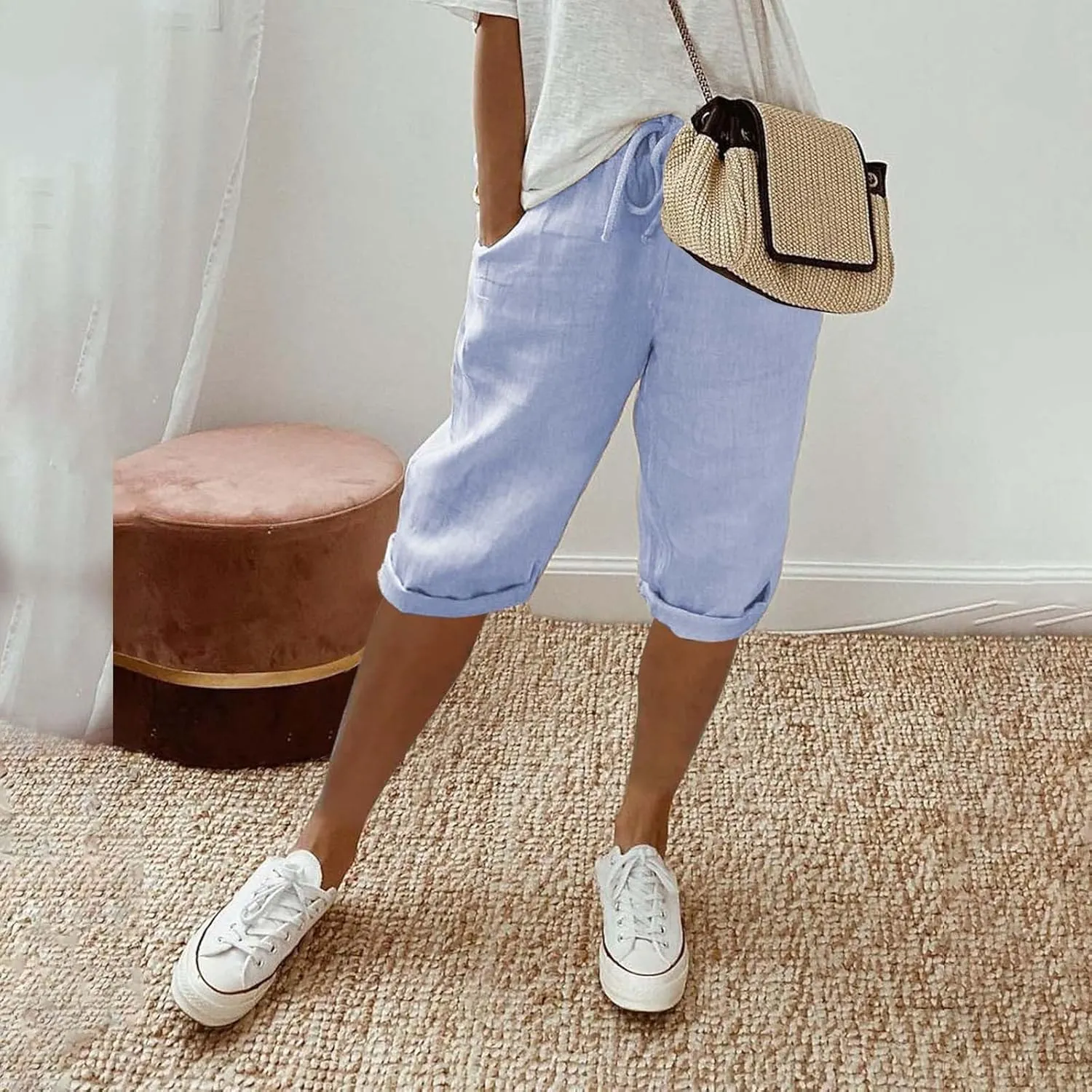 Women's Linen Capri Summer Striped Printed Causal Bermuda Elastic Waist Pants Plus Size Workout Lounge Beach Shorts