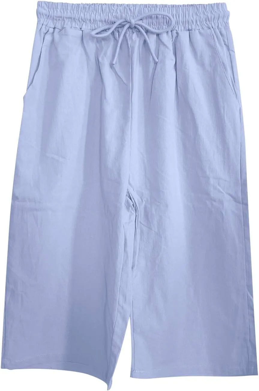 Women's Linen Capri Summer Striped Printed Causal Bermuda Elastic Waist Pants Plus Size Workout Lounge Beach Shorts