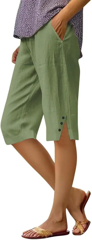 Women's Linen Capri Yoga Pants Summer Floral Print Bermuda Elastic Waist Petite Workout Causal Lounge Beach Shorts