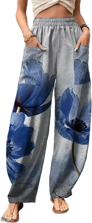 Womens Linen Elastic High Waist Harem Cropped Pants Casual Floral Baggy Linen Wide Leg Capri Pants Trousers with Pockets