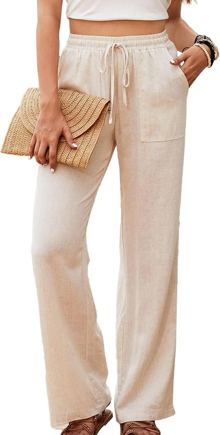 Womens Linen High Waisted Pants Boho Wide Leg Palazzo Beach Pants Drawstring Trousers Summer Outfits