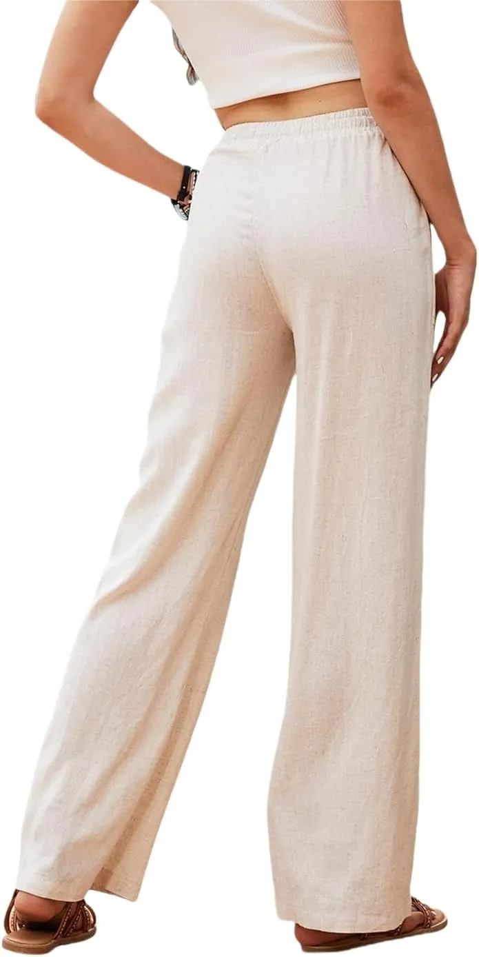 Womens Linen High Waisted Pants Boho Wide Leg Palazzo Beach Pants Drawstring Trousers Summer Outfits