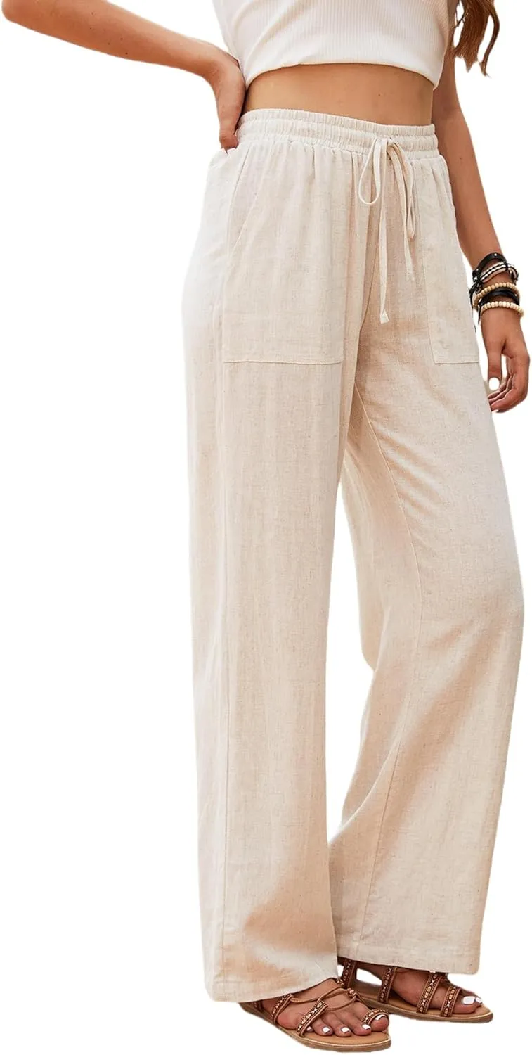 Womens Linen High Waisted Pants Boho Wide Leg Palazzo Beach Pants Drawstring Trousers Summer Outfits
