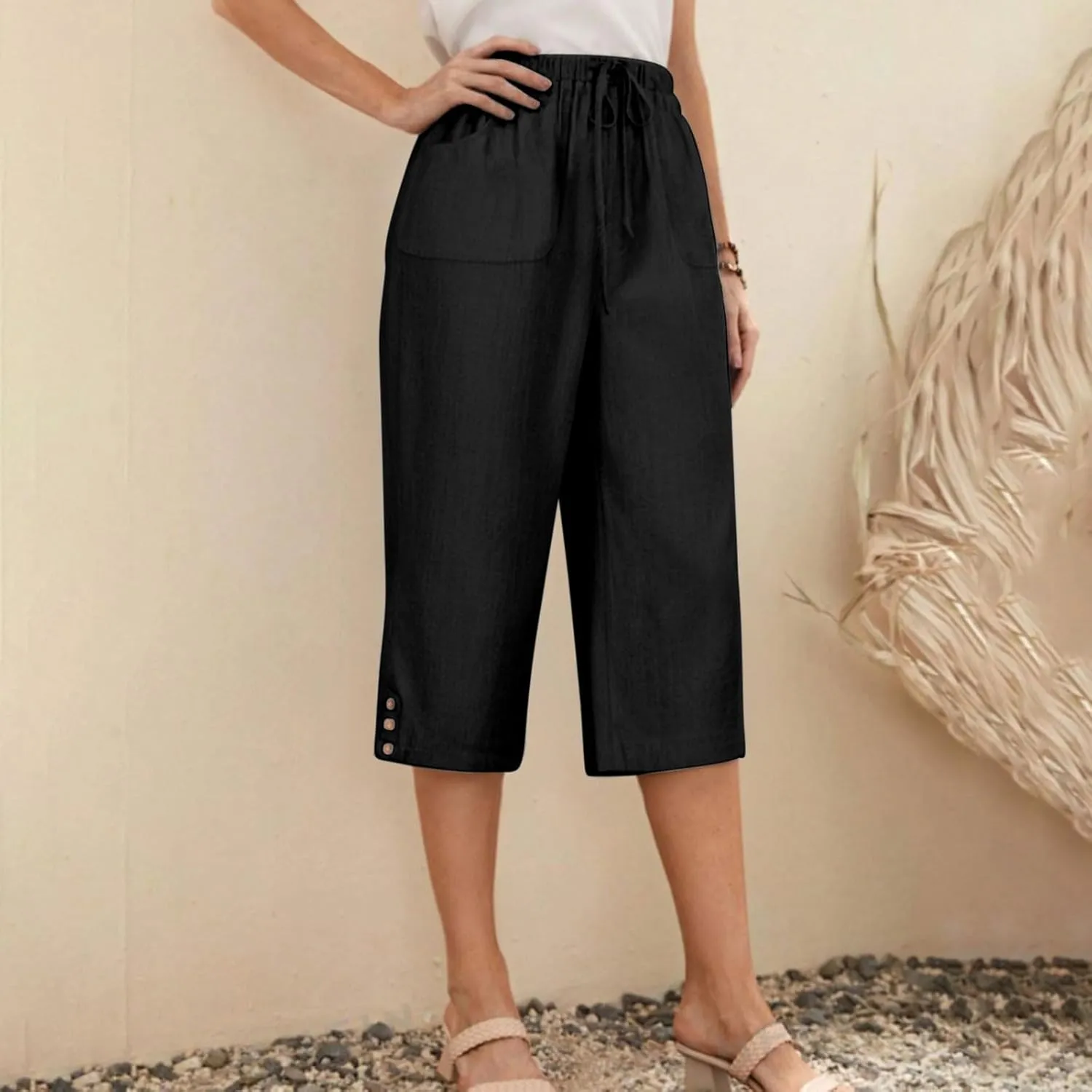 Womens Linen Palazzo Capris 2025 Trendy Causal Loose Drawstring Cropped Pants Beach Travel Vacation Crop Trousers