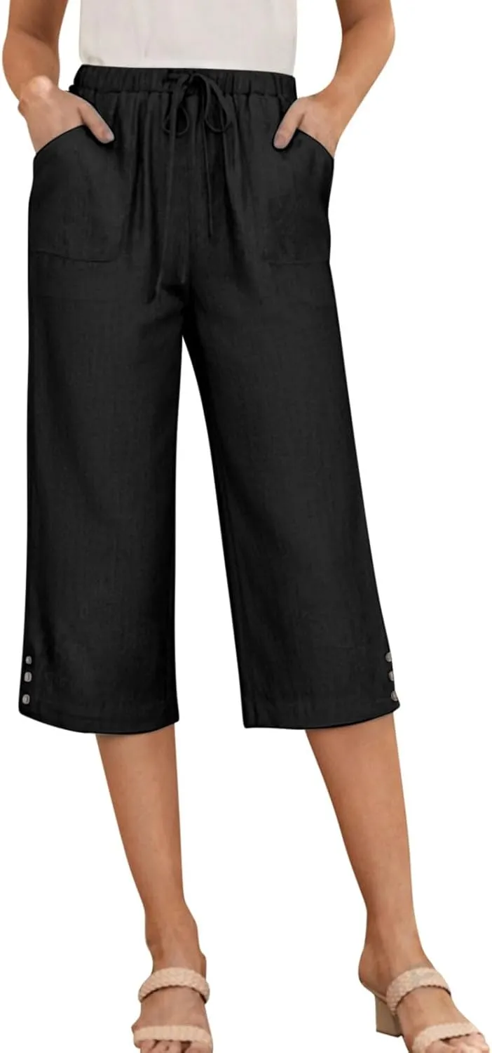 Womens Linen Palazzo Capris 2025 Trendy Causal Loose Drawstring Cropped Pants Beach Travel Vacation Crop Trousers