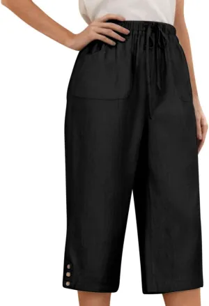 Womens Linen Palazzo Capris 2025 Trendy Causal Loose Drawstring Cropped Pants Beach Travel Vacation Crop Trousers