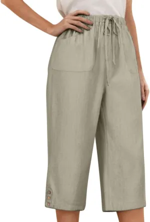 Womens Linen Palazzo Capris 2025 Trendy Causal Loose Drawstring Cropped Pants Beach Travel Vacation Crop Trousers