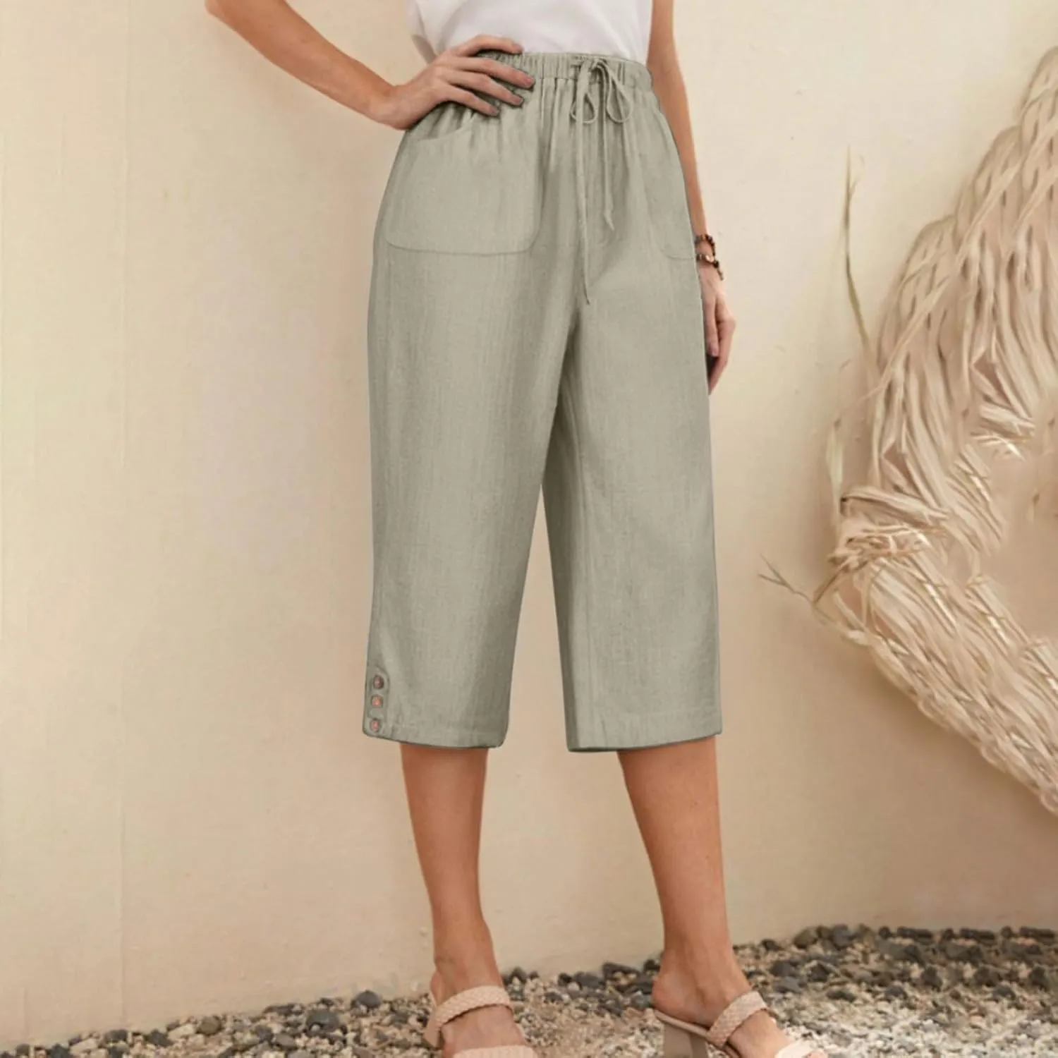 Womens Linen Palazzo Capris 2025 Trendy Causal Loose Drawstring Cropped Pants Beach Travel Vacation Crop Trousers