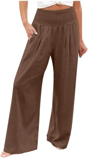 Womens Linen Palazzo Pants 2025 Summer Wide Leg Trouser High Waist Casual Lounge Pant Beach Travel Vacation Outfits