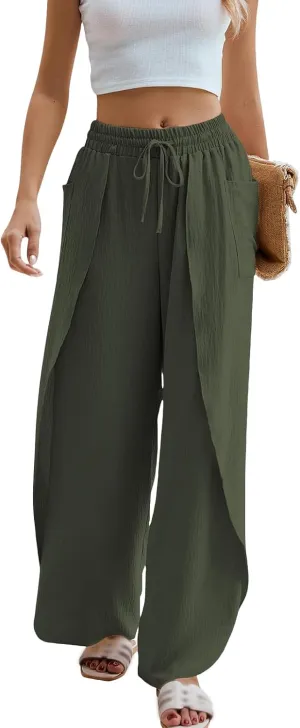 Women's Linen Palazzo Pants Summer Flowy Wide Leg Drawstring Business Casual Dress Pants Boho Trousers