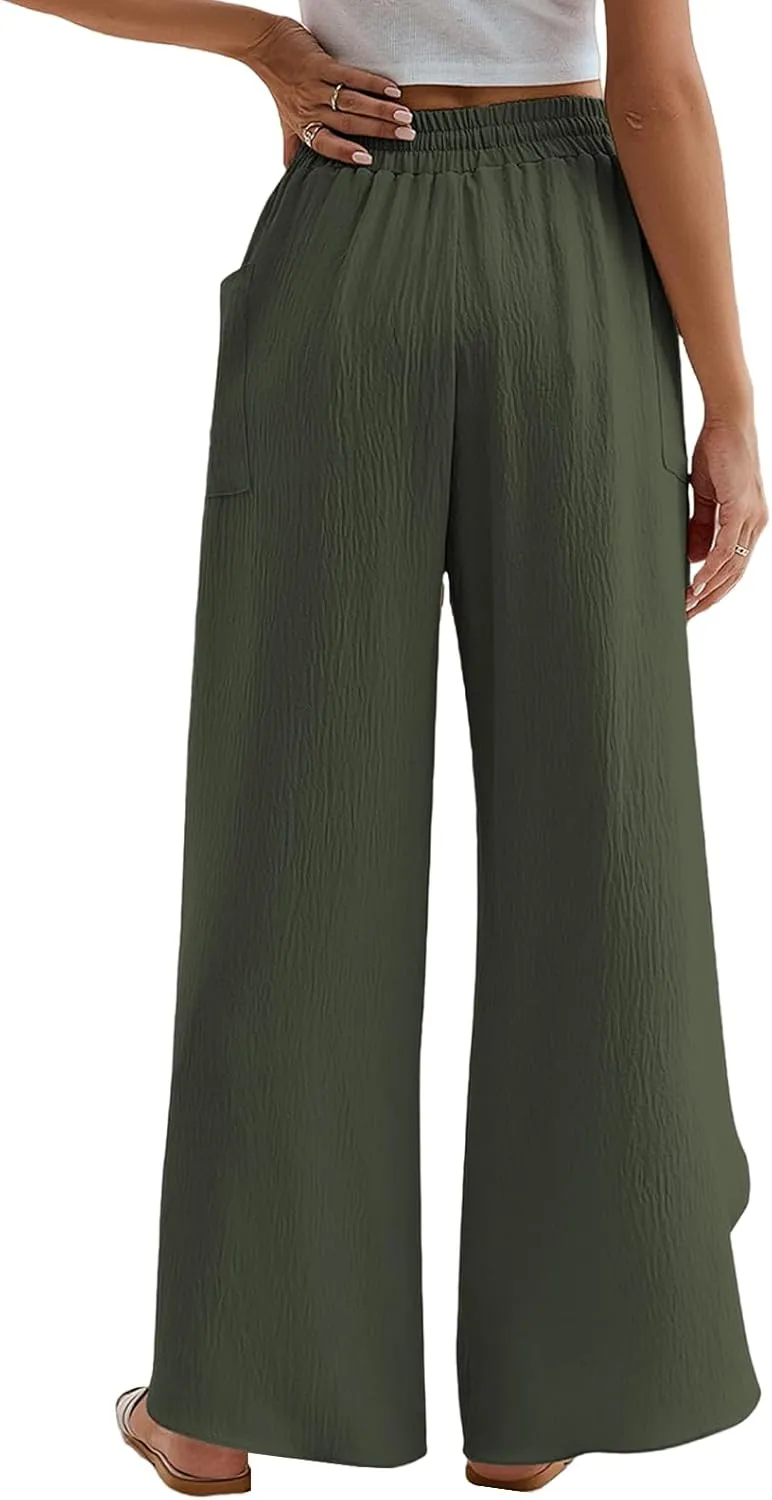 Women's Linen Palazzo Pants Summer Flowy Wide Leg Drawstring Business Casual Dress Pants Boho Trousers