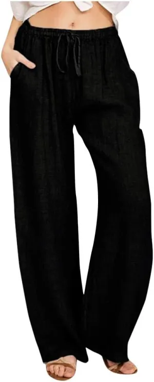 Womens Linen Pants 2025 Casual High Waist Wide Leg Trousers Summer Lightweight Loose Beach Palazzo with Pockets