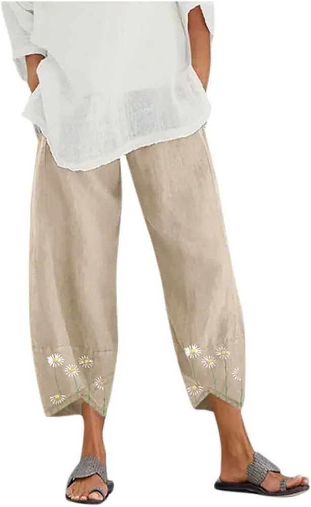 Womens Linen Pants 2025 Summer Casual Loose Waist Long Solid Cotton Pants Cotton Linen Lounge Beach Summer Pants