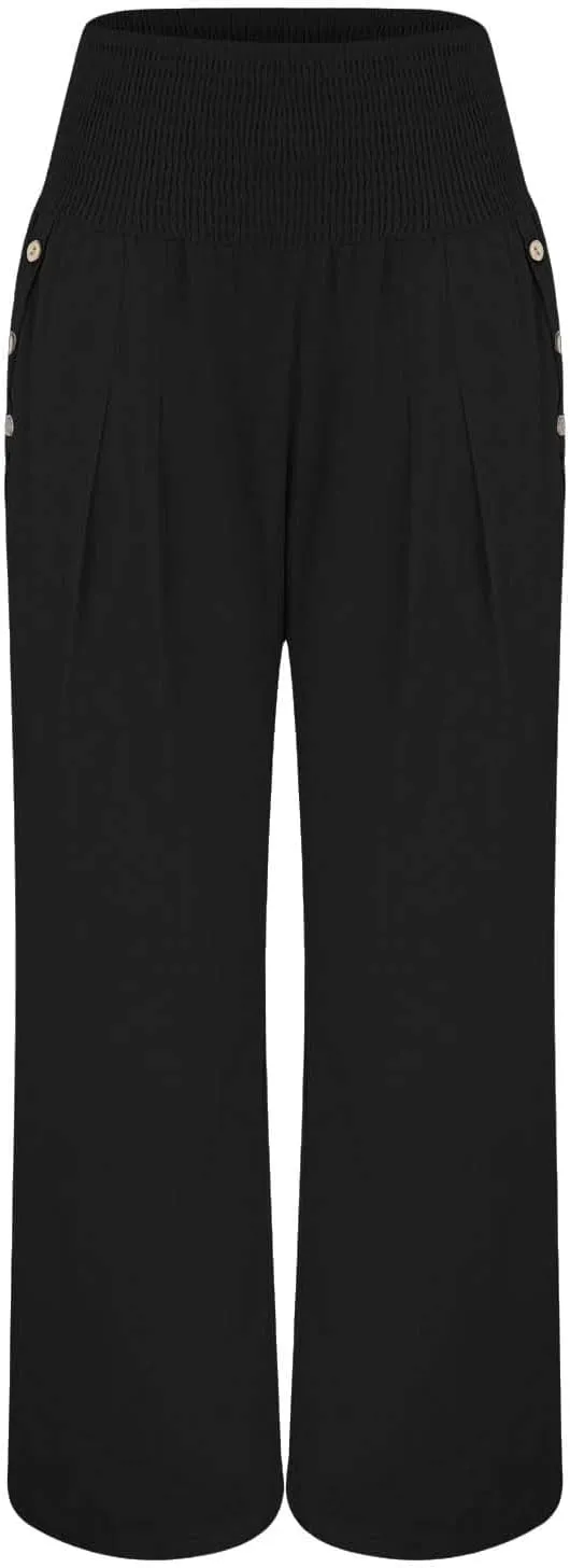 Womens Linen Pants 2025 Summer Smocked High Waisted Wide Leg Casual Palazzo Pants Flowy Beach Trousers with Pockets
