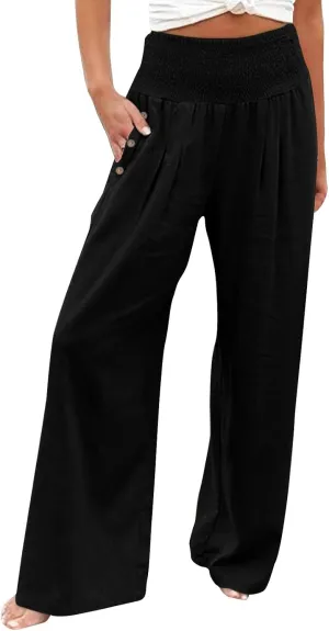 Womens Linen Pants 2025 Summer Smocked High Waisted Wide Leg Casual Palazzo Pants Flowy Beach Trousers with Pockets