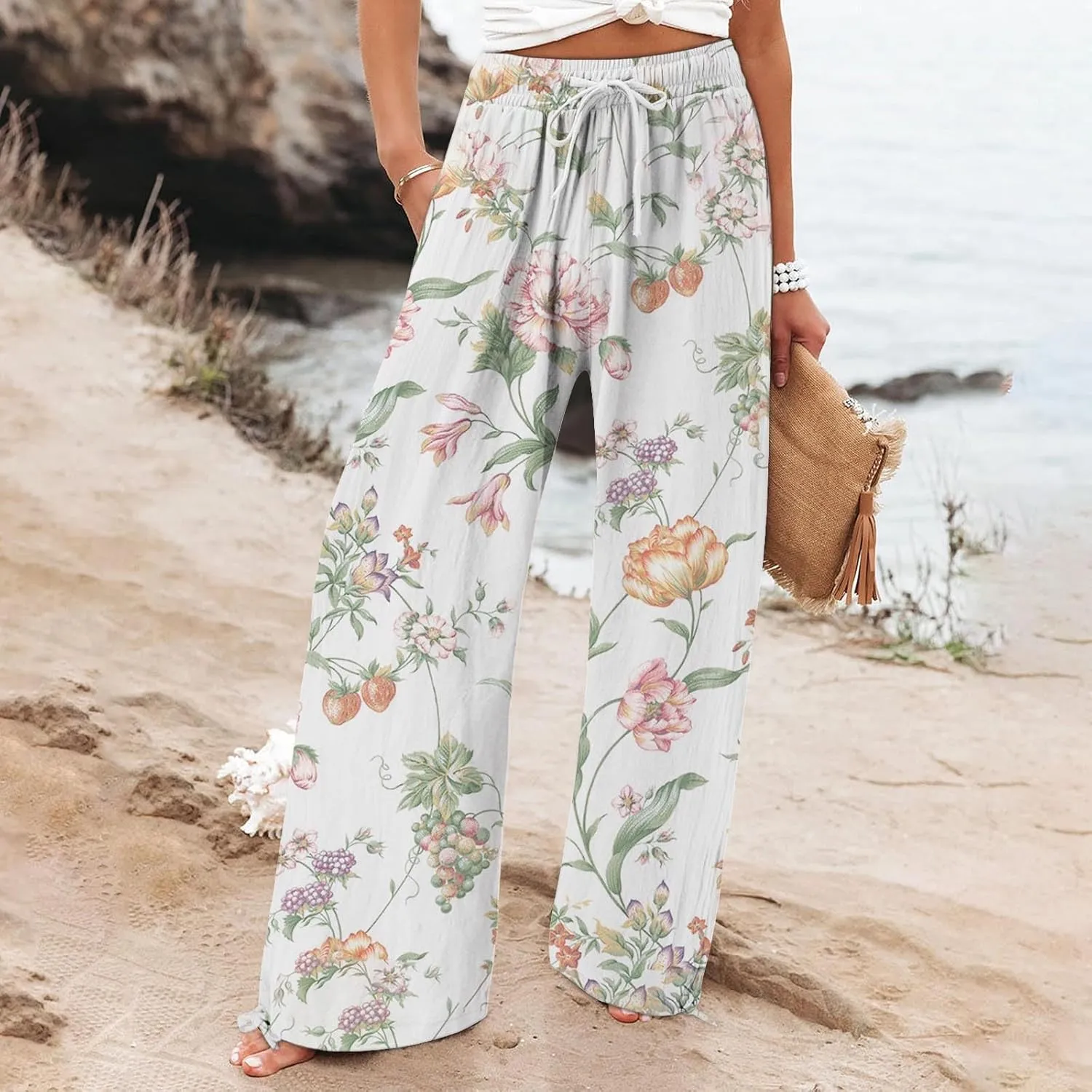 Womens Linen Pants Boho Wide Leg High Waisted Palazzo Retro Printed Pants Summer Flowy Beach Lounge Casual Clothes