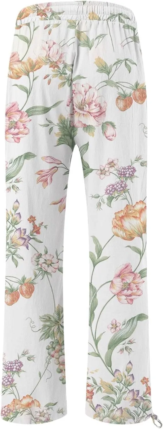 Womens Linen Pants Boho Wide Leg High Waisted Palazzo Retro Printed Pants Summer Flowy Beach Lounge Casual Clothes