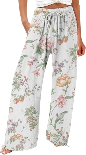 Womens Linen Pants Boho Wide Leg High Waisted Palazzo Retro Printed Pants Summer Flowy Beach Lounge Casual Clothes