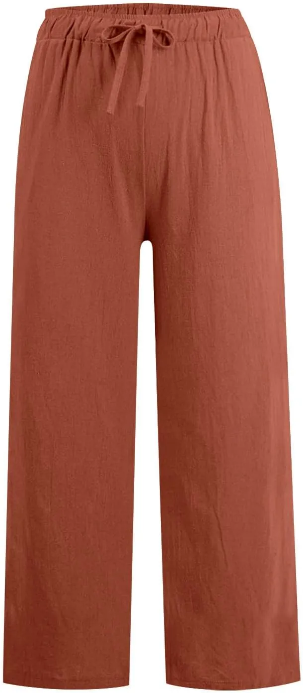 Womens Linen Pants Casual 2025 Summer High Waisted Drawstring Lounge Trouser Beach Straight Wide Leg Palazzo Jogger
