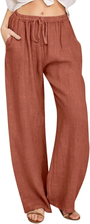 Womens Linen Pants Casual 2025 Summer High Waisted Drawstring Lounge Trouser Beach Straight Wide Leg Palazzo Jogger