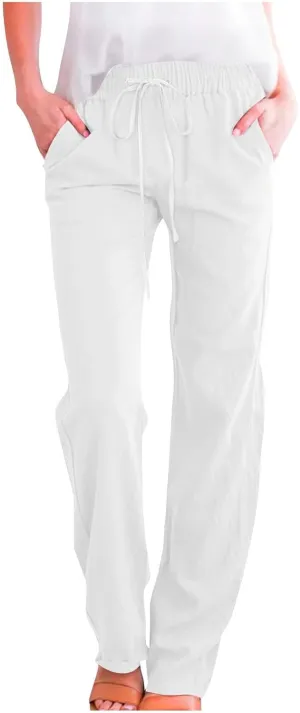 Womens Linen Pants Casual 2025 Summer High Waisted Drawstring Lounge Trousers Beach Straight Wide Leg Joggers Pants