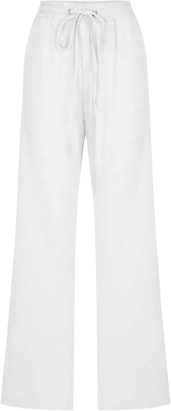Womens Linen Pants Casual 2025 Summer High Waisted Drawstring Lounge Trousers Beach Straight Wide Leg Joggers Pants