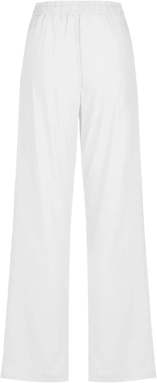Womens Linen Pants Casual 2025 Summer High Waisted Drawstring Lounge Trousers Beach Straight Wide Leg Joggers Pants