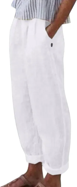 Womens Linen Pants Casual High Waist Straight Leg Pants Summer Comfy Cropped Pant Loose Fit Trousers with Pockets