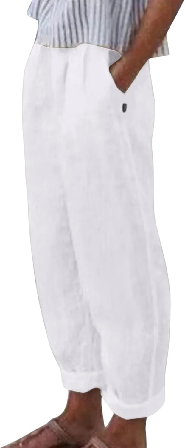 Womens Linen Pants Casual High Waist Straight Leg Pants Summer Comfy Cropped Pant Loose Fit Trousers with Pockets