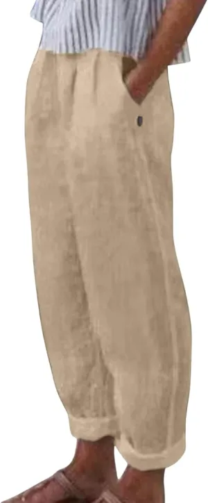 Womens Linen Pants Casual High Waist Straight Leg Pants Summer Comfy Cropped Pant Loose Fit Trousers with Pockets