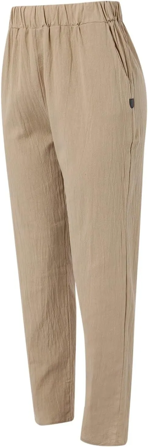 Womens Linen Pants Casual High Waist Straight Leg Pants Summer Comfy Cropped Pant Loose Fit Trousers with Pockets