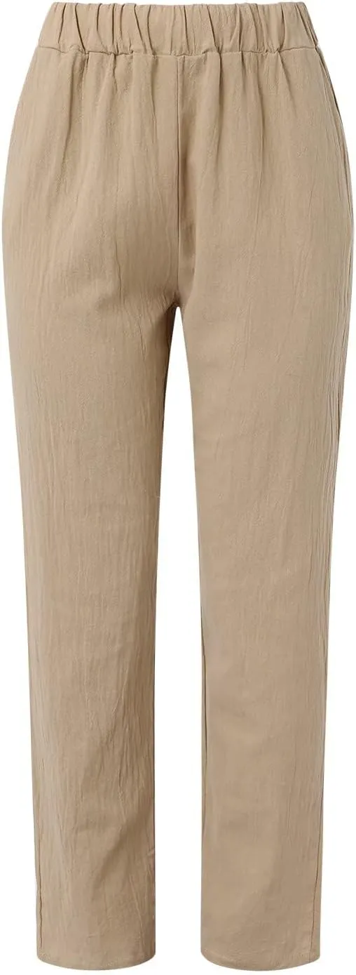 Womens Linen Pants Casual High Waist Straight Leg Pants Summer Comfy Cropped Pant Loose Fit Trousers with Pockets