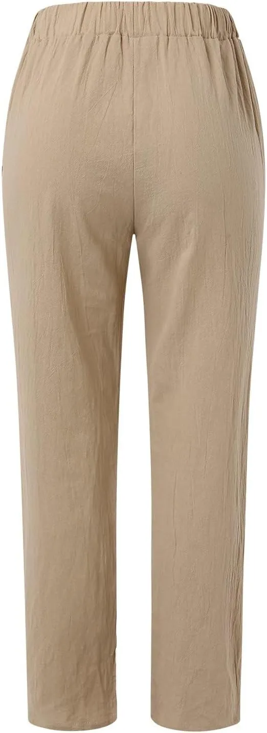 Womens Linen Pants Casual High Waist Straight Leg Pants Summer Comfy Cropped Pant Loose Fit Trousers with Pockets