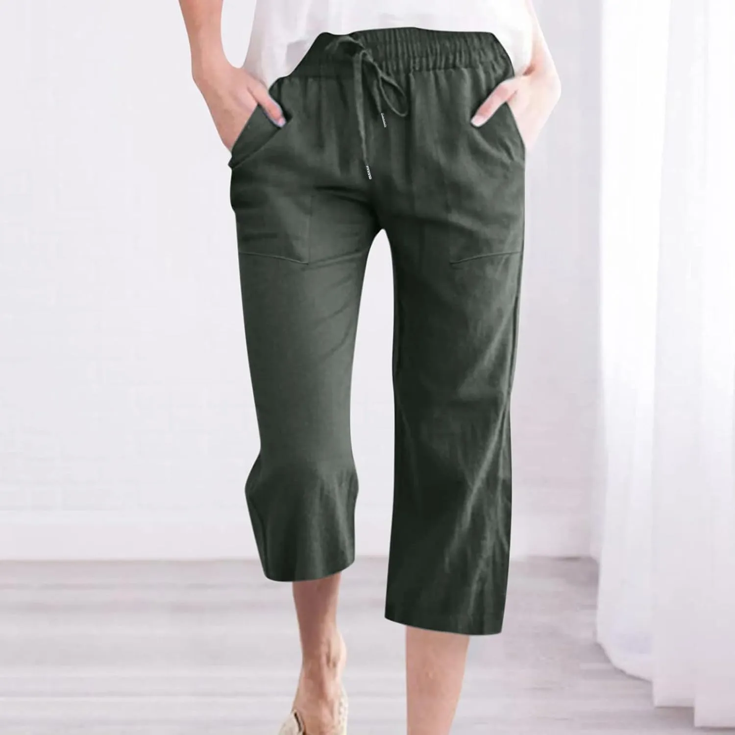 Womens Linen Pants Casual High Waisted Wide Leg Capri Pants Baggy Elastic Drawstring Trousers Summer Beach Trouser