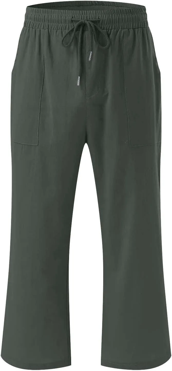 Womens Linen Pants Casual High Waisted Wide Leg Capri Pants Baggy Elastic Drawstring Trousers Summer Beach Trouser
