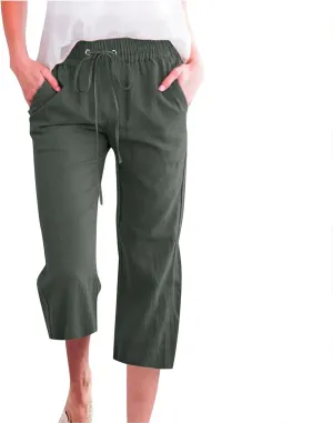 Womens Linen Pants Casual High Waisted Wide Leg Capri Pants Baggy Elastic Drawstring Trousers Summer Beach Trouser