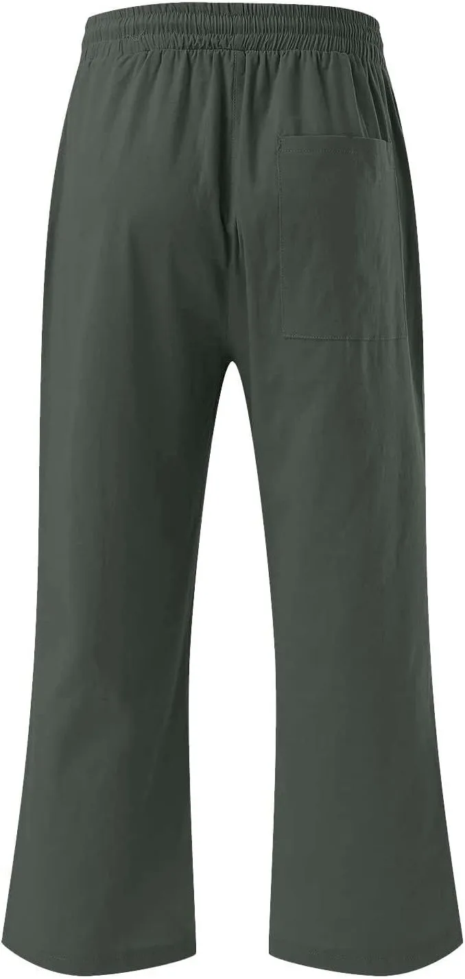 Womens Linen Pants Casual High Waisted Wide Leg Capri Pants Baggy Elastic Drawstring Trousers Summer Beach Trouser
