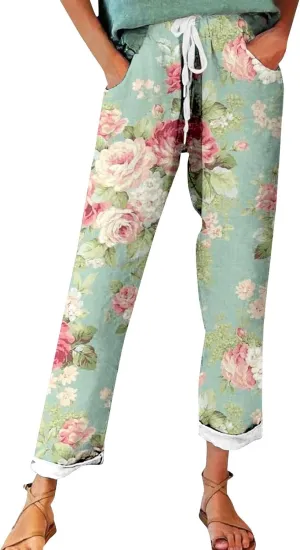 Women's Linen Pants Casual Vintage Tropical Floral Print Elastic High Waist Drawstring Trousers Summer Beach Pants