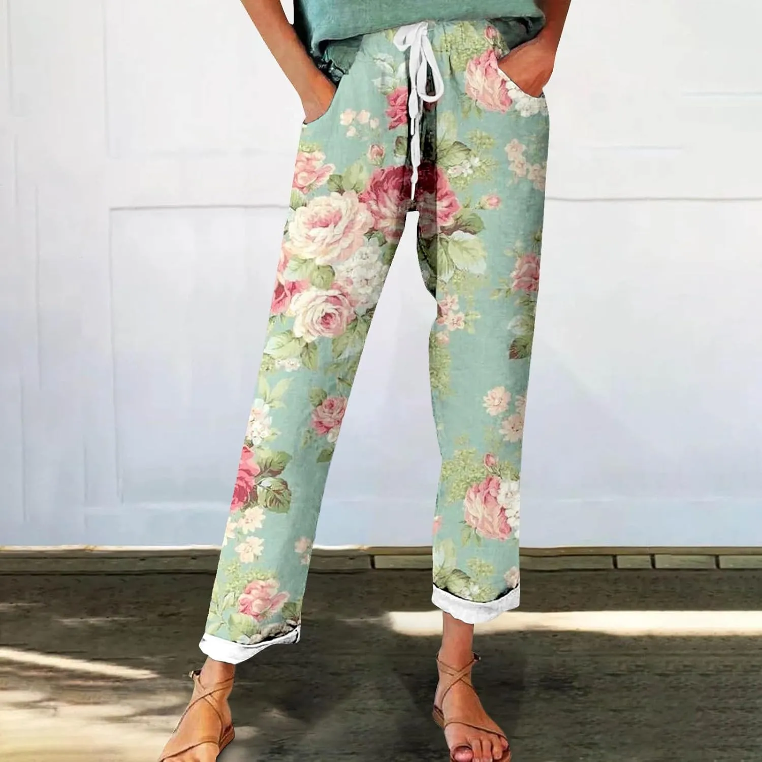 Women's Linen Pants Casual Vintage Tropical Floral Print Elastic High Waist Drawstring Trousers Summer Beach Pants