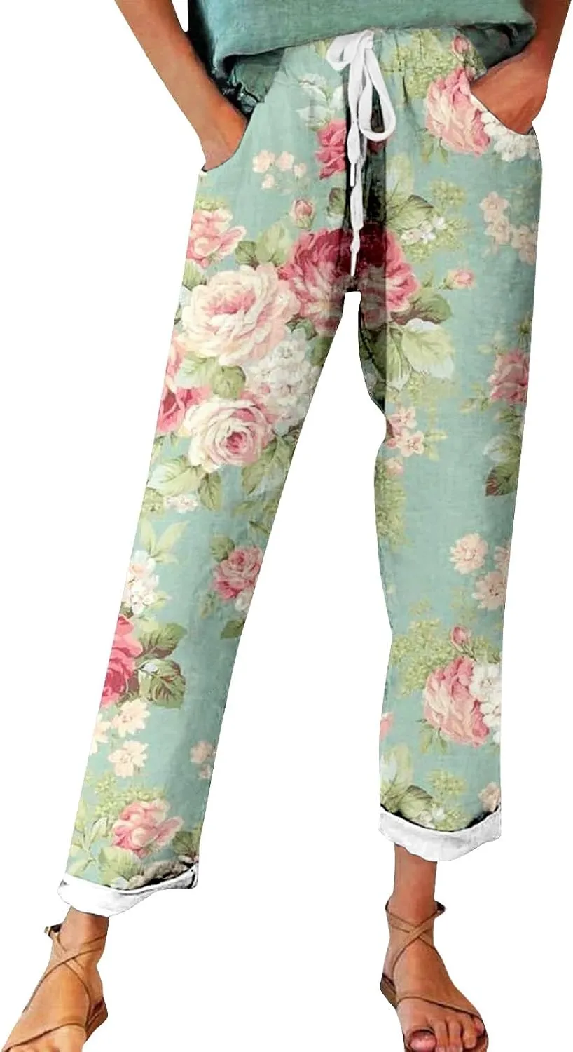 Women's Linen Pants Casual Vintage Tropical Floral Print Elastic High Waist Drawstring Trousers Summer Beach Pants