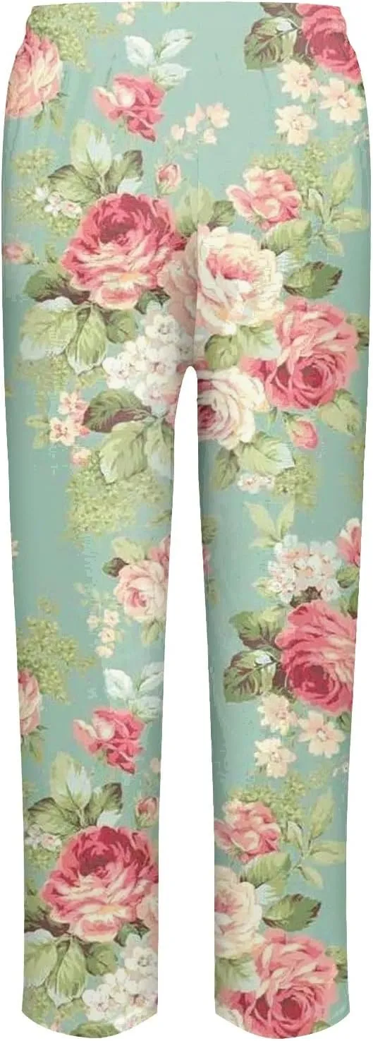 Women's Linen Pants Casual Vintage Tropical Floral Print Elastic High Waist Drawstring Trousers Summer Beach Pants
