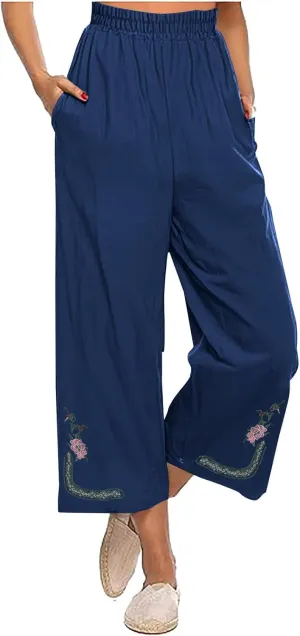 Womens Linen Pants Cotton Linen Embroidered Beach Trousers Summer Casual Wide Leg Cropped Palazzo with Pockets