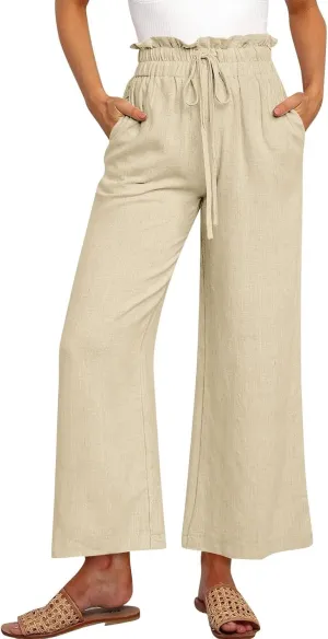Women's Linen Pants Elastic Waist Casual Beach Trendy Wide Leg Summer Palazzo Trousers with Pockets