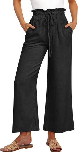 Women's Linen Pants Elastic Waist Casual Beach Trendy Wide Leg Summer Palazzo Trousers with Pockets